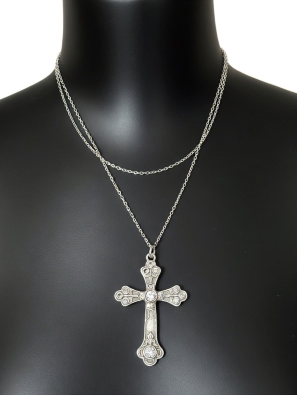 A Gothic Romance - Antique Silver Rhinestone Crucifix Double Layer Necklace